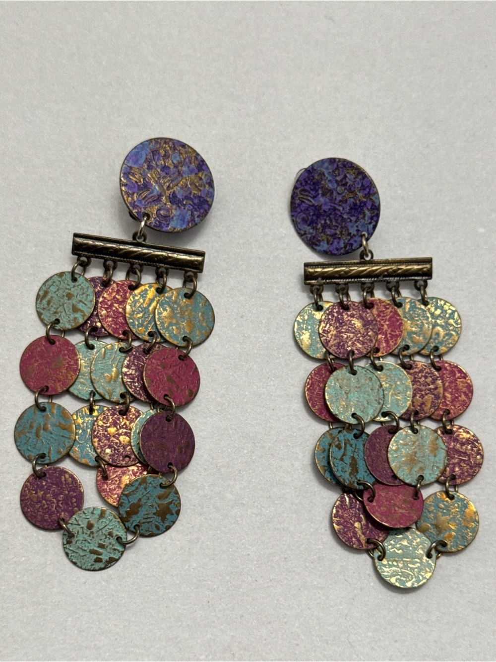 Vintage 80s Boho Brass Coin Chandelier Earrings,
